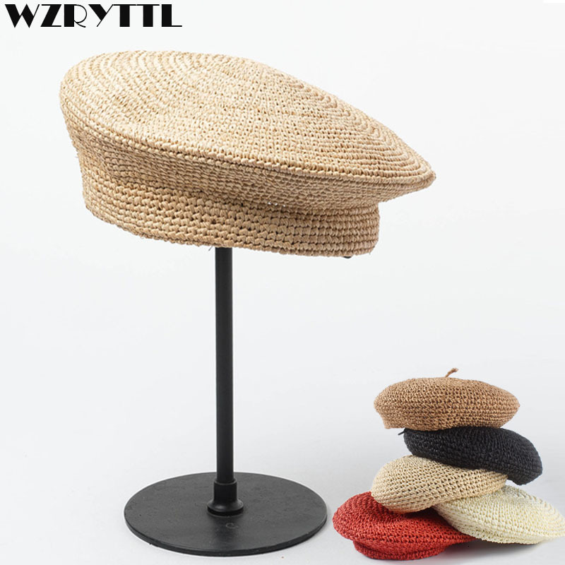 

2021 New Fashion Berets Adjustable Women Straw Ladies Flat Solid Cap French Style Hand Hook Papyrus Beret Hat U4al, Pink