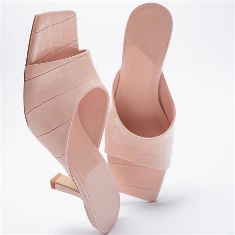 

Same Style Summer High Heel Slippers Shoes Women Square Toe Pink Stone Line Sandals Slipper 210607, Green