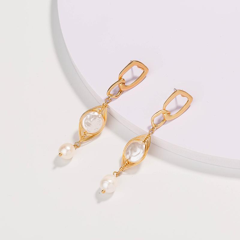 

Dangle & Chandelier Wholesale INS Jewelry Simple Long Earrings Handmade Winding Copper Wire Baroque Pearl Ear Studs Gift, Silver
