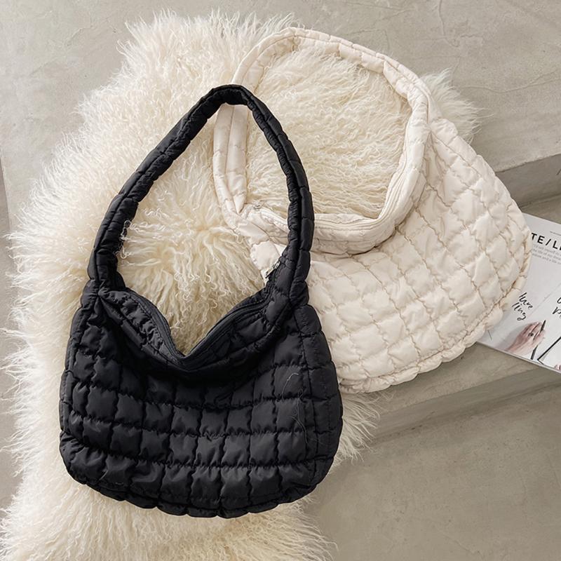 

Casual Lattice Pattern Top-handle Bag Solid Eiderdown Women Shoulder Handbag Large Capacity Street Travel Satchel Shoulder Bag, Black