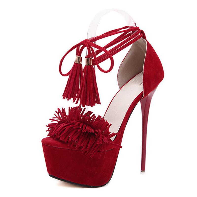 

Dress Shoes Summer Platform Sandals Women High Heels Fringe Gladiator Roman Bandage Woman Stiletto Sandalias XKD4264, Black