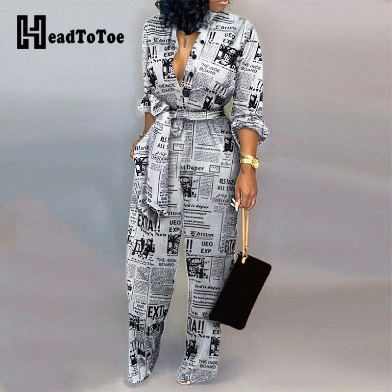 

headline print tied waist rompers women jumpsuit long sleeve vneck casual jumpsuit one piece overalls streetwear i03t, Black
