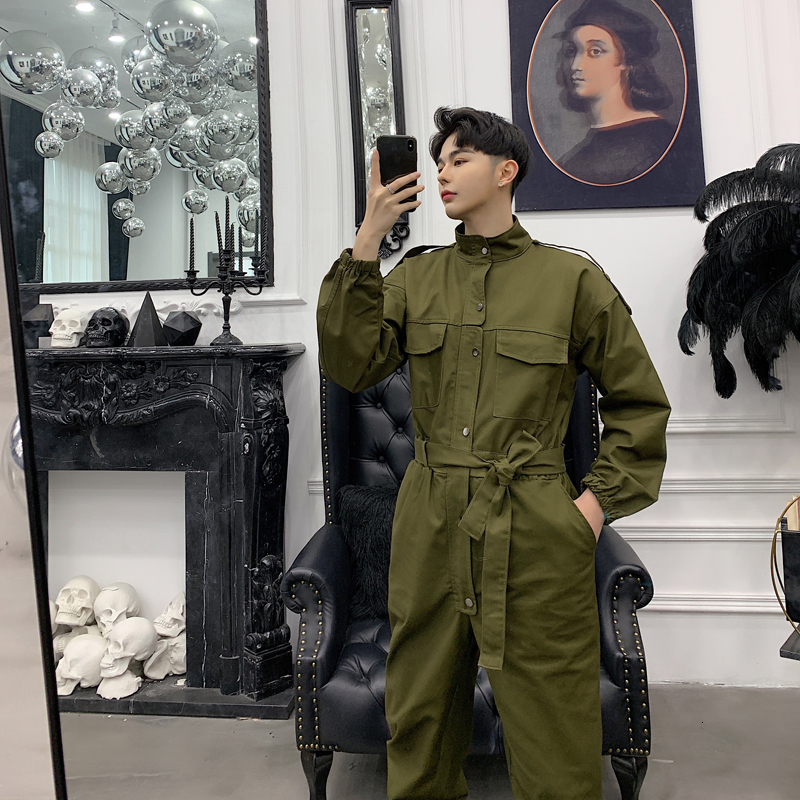 

2021 Men's New Style Black/green Color Overalls Jumpsuit Rompers Harem Casual Pants Show High Waist Tie Trousers Plus Size M-2xl Ptka, Army green