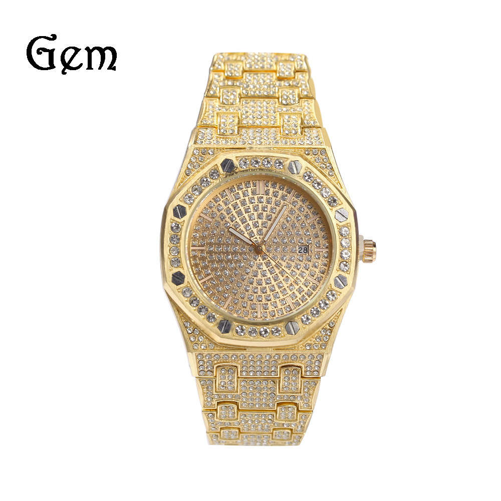 

New diamond inlaid men's watch hip hop trendsetter fashion large dial calendar quartz watch