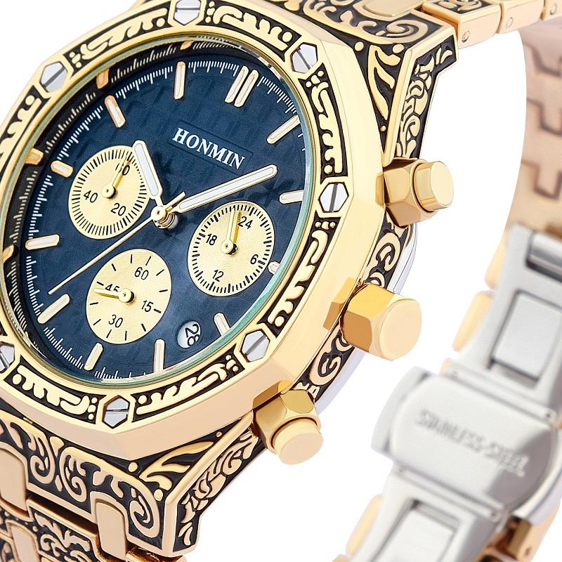 

Wristwatches Honmin Luxury Vintage Pattern Men's Quartz Watch Chronograph Dial Bracelet Grande Tapisserie, Gold - black