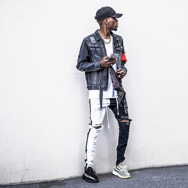 

2021 New Fashion Autumn Hole Casual Slim Black & White with Elastic Waist Hiphop Men 5poh