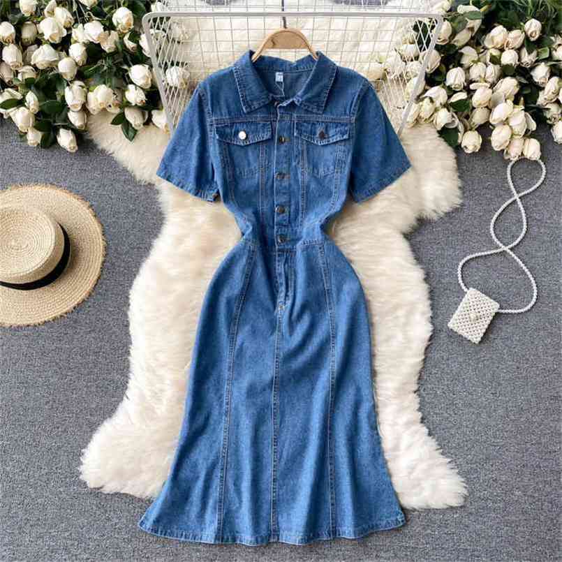 

Korean Ins Women Denim Dress Vintage Style Turn-down Collar Short Sleeve Single Breasted Mermaid Midi Jeans Vestidos 210603, Blue
