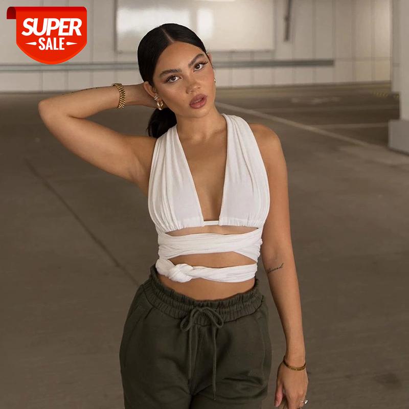 

hirigin White Crop Top Women Sexy Shirts Cross Deep V Neck Halter Backless Tank Tops Street Style Party Club Wear #Sx5i