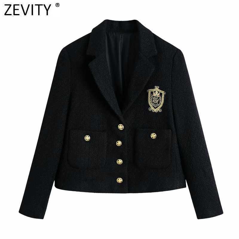 

Zevity Women England Style Badge Patch Breasted Woolen Blazer Coat Vintage Long Sleeve Pockets Female Outerwear Chic Tops CT663 210603, Bb ct663w