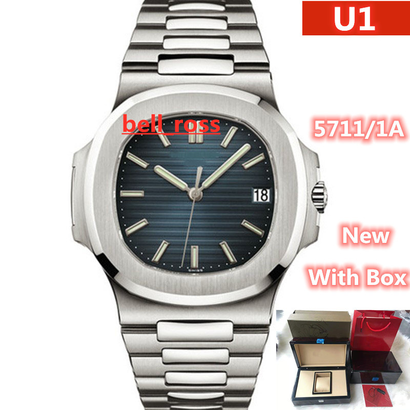 

New Original Box U1 Factory Mens Automatic Movement 40 mm Watch Blue Dial Classic 5711/1A Watches Transparent Back Wristwatches, Black