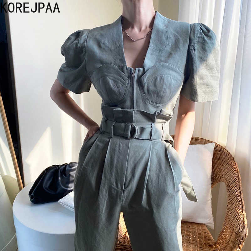

Korejpaa Women Dress Korean Chic Classy Square Collar Bubble Sleeve Shirt and Wide-legged Trousers with Belt Long Pants Set 210526, Green top