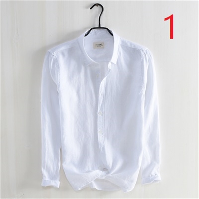 

2021 New Small Fresh Casual Linen White Men's Youth Large Size Slim Bottoming Long-sleeved Cotton Shirt Ubiu