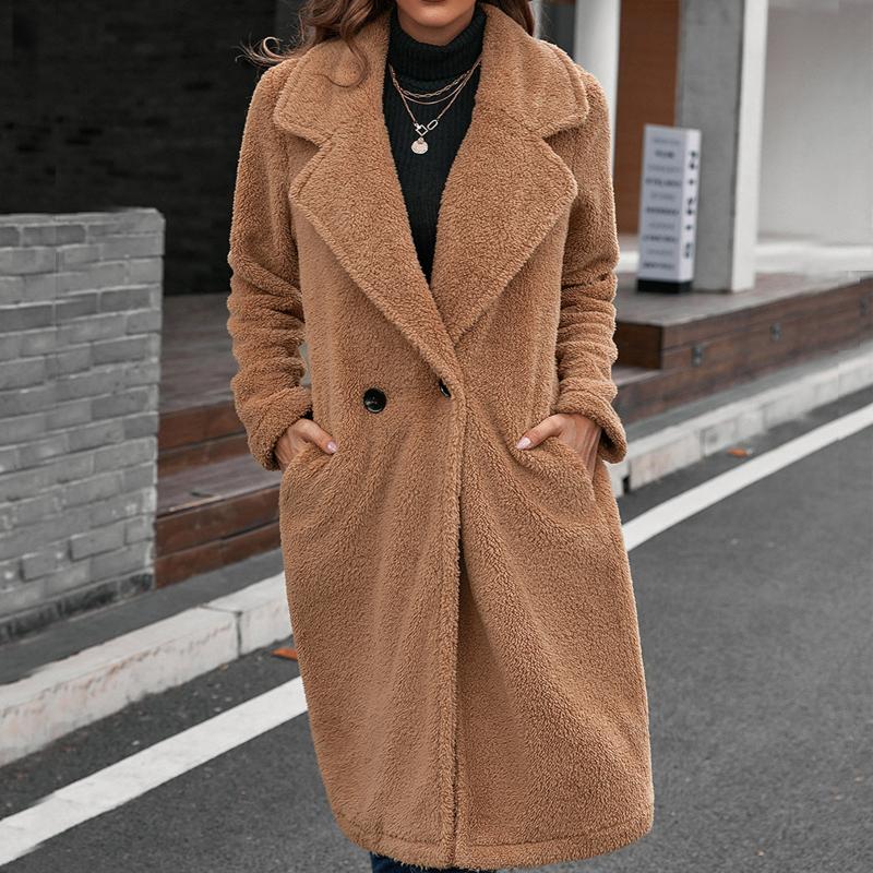 

Women's Trench Coats Women Fashion Outwear Winter Solid Button Lengthened Plush Long Sleeve Warm Coat Jacket Female Casaco Feminino, Tan;black