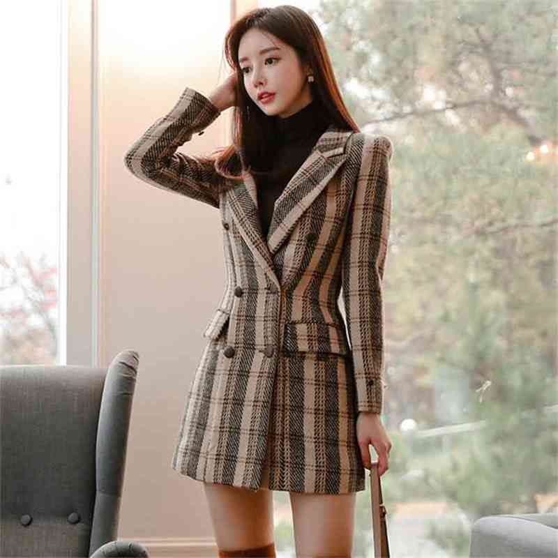 

Fashion Women Elegant Houndstooth Office Lady Blazer Coat Double Breasted Stylish Notched Collar Ladies Outerwear 210603, Picture color