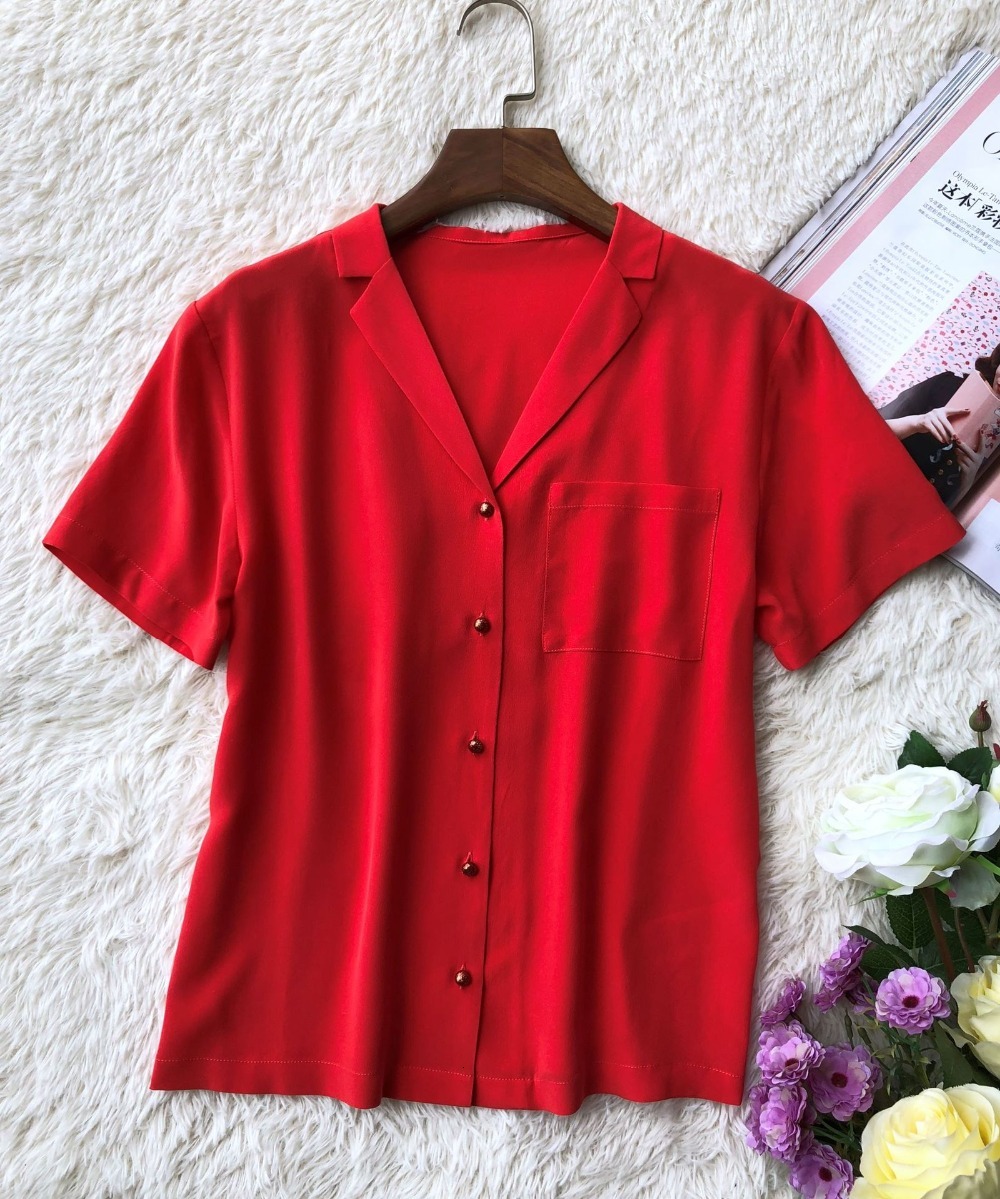 

2021 New 100% Mulheres De Seda Manga Curta Blusa Vermelha Frente Bolso Vero Camisa Chemise Verdad Rouge Com Pouco Brilho Bonito Botes Ohvk, Black