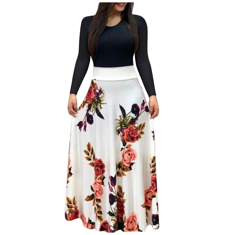 

Casual Dresses Womens Elegant Dress Long Sleeve Floral Print Loose Wedding Holiday Splice Woman Maxi Evening Party Vestidos, Black