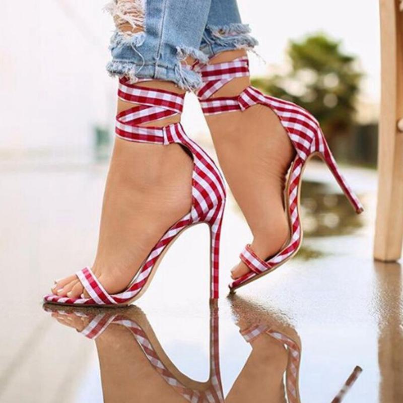

Sandals RIBETRINI Ins Girl Thin Heel Plaid Shoes Open Toe Lace Up Women Stylish Party Summer High Heels, Black