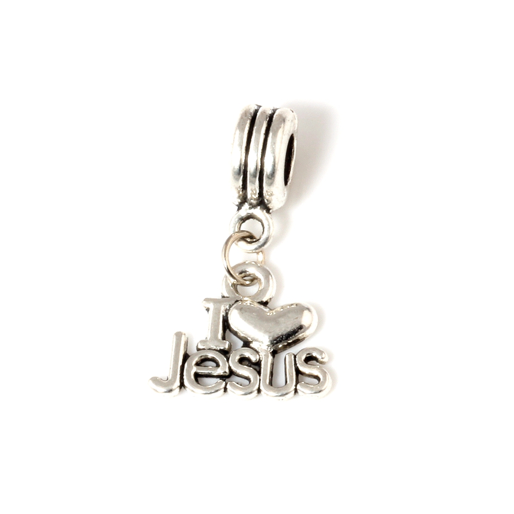 

MIC .50pcs/lot Dangle Ancient silver "I Love Jesus" Religious Charm Big Hole Beads Fit European Charm Bracelet Jewelry 27x16mm