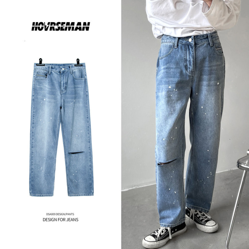 

2021 New Ripped Men's Fashion Retro Casual Wide-leg Jeans Men Streetwear Korean Loose Hole Straight Denim Trousers Mens -5xl Drtb, Light blue
