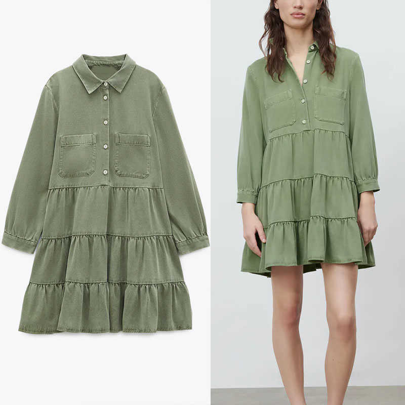 

ZA Ruffle Mini Green White Dress Women Long Sleeve Pleated Spring Dresses Woman Fashion Button Up Elegant Vestidos 210602