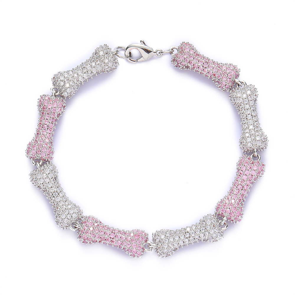 

New Hip Hop Bone Bracelet 10mm Chain Full Zircon Pink Necklace Personality Fashion All-match Men's and Women's Jewelry