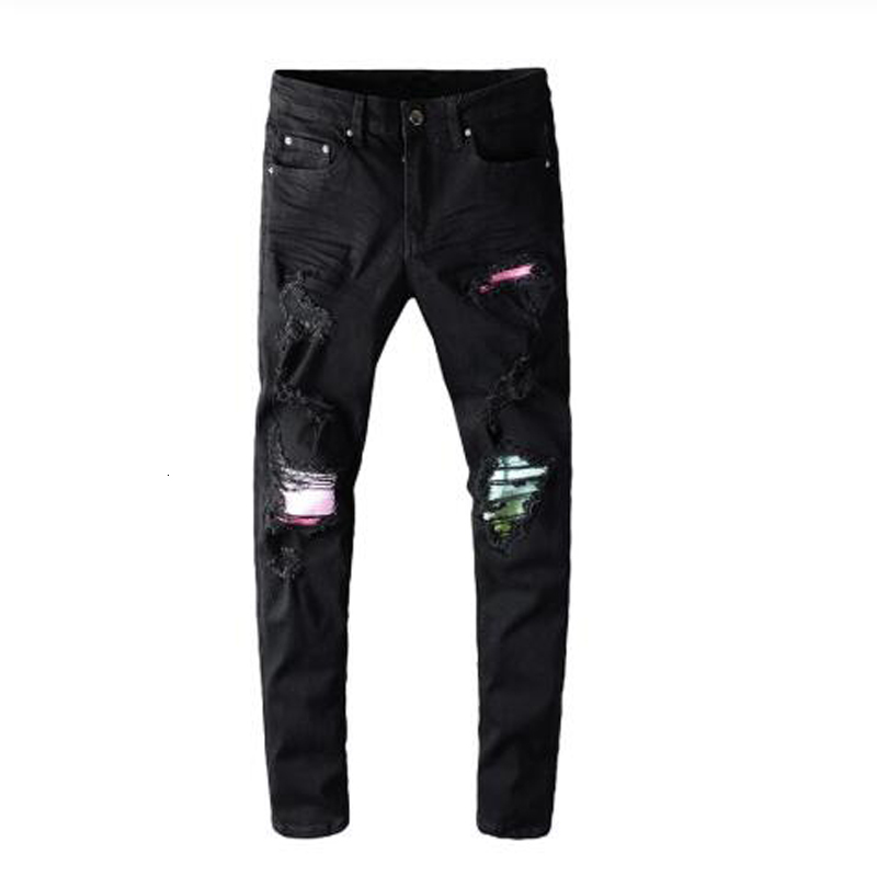 

2021 New Men's Male Fashion Colored Pleated Patchwork Black Biker Jeans Streetwear Slim Skinny Ripped Stretch Denim Pants Trousers Y4k6, Beige