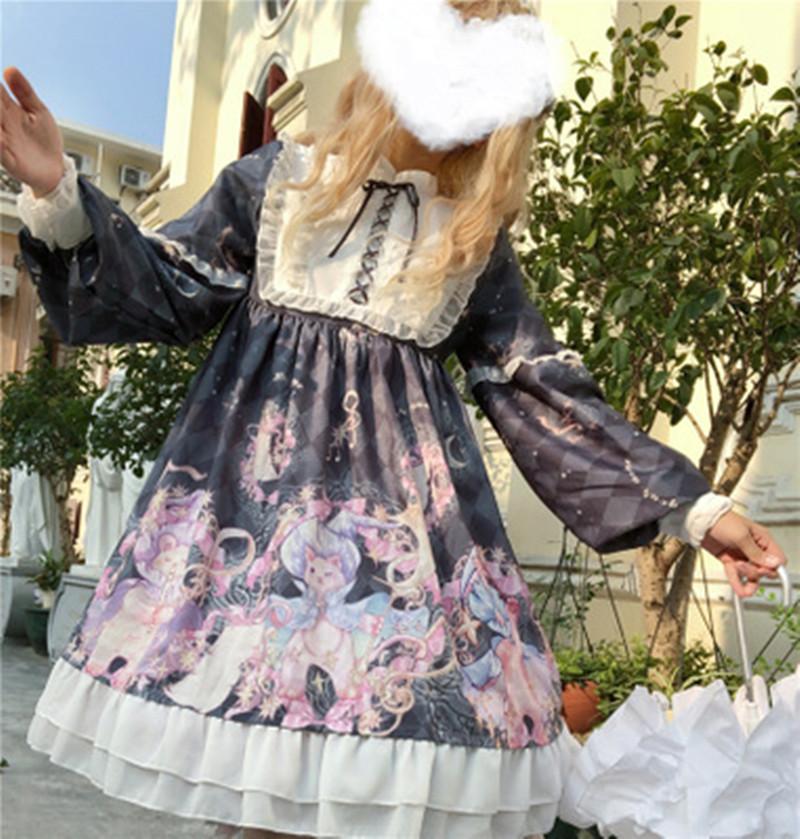 

Casual Dresses Original Lolita Tea Party Japanese Style Girl Retro Cat Dress Bowknot JSK Carousel Cosplay Lace Costume RB64, Blue