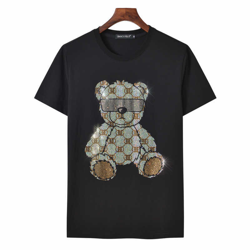 

Fashion brand 2021 new hot drill all bear short sleeve cotton flash drill T-shirt loose men's and women's T-shirt, Black three bears
