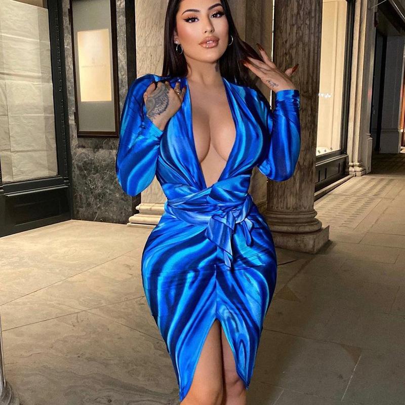 

Casual Dresses Sexy Multicolor Deep V Neck Long Sleeve Women 2021 Autumn Fashion Print Bodycon Sashes Dress Birthday Party Club Outfits, Multicolor dress