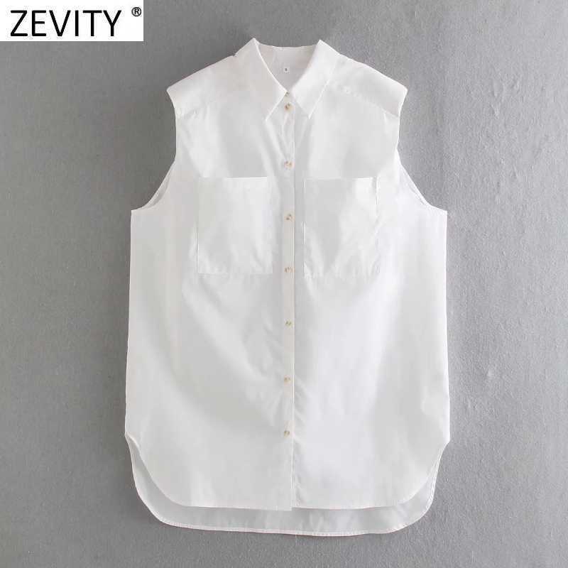 

Zevity Women Fashion Double Pockets Patch Hem Irregular White Smock Blouse Office Lady Sleeveless Shirts Chic Blusas Tops LS9022 210603, As pic ls9022cc