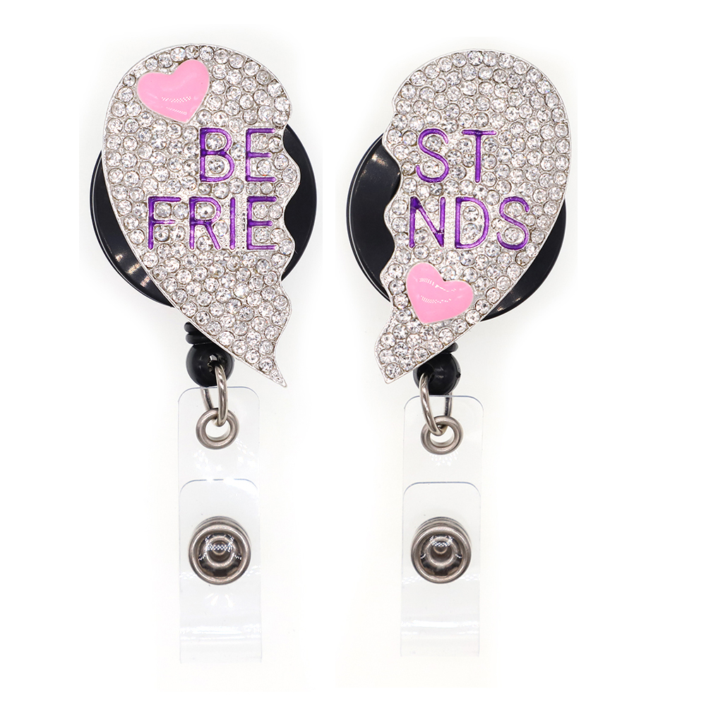 

Office Supplier Key Rings Lovely Retractable Rhinestone Crystal Love Heart Bes FRIENDS ID Badge Reel Holder With Aligator Clip For Students/Teachers