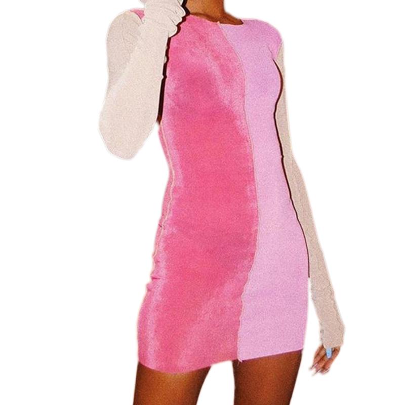 

Casual Dresses Women O-Neck Bodycon Mini Dress Autumn Long Sleeve Color Block Patchwork Sexy High Waist Package Hip Stretch Clubwear, Blue