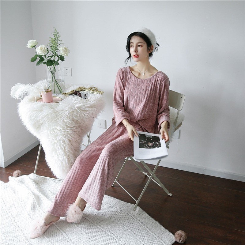 

Sweet Pink 2pcs Pajamas Young Mrs. New Winter O-necklace Upstairs & Whispering Nightwear Chenille Running Home Clothes 3u92