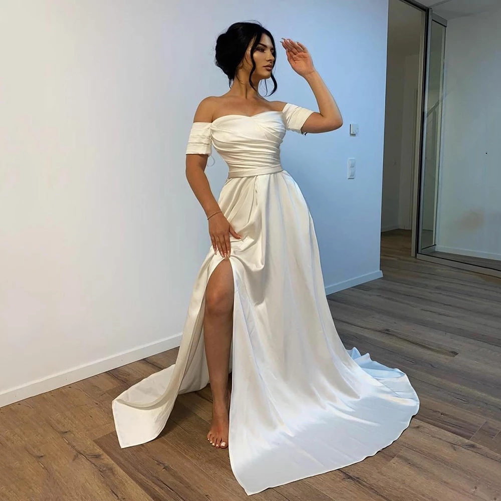 

Ivory A-Line High Slit Satin Prom Dresses Sweetheart Off Shoulder Short Sleeves Evening Gowns Saudi Arabia Party, Pink