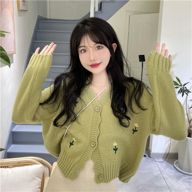 

Women's Knits & Tees Autumn Style Slimming Fashion Age Reduction Embroidery Flowers Long-Sleeved Knitted Sweater Cardigan Clothing H1116, White