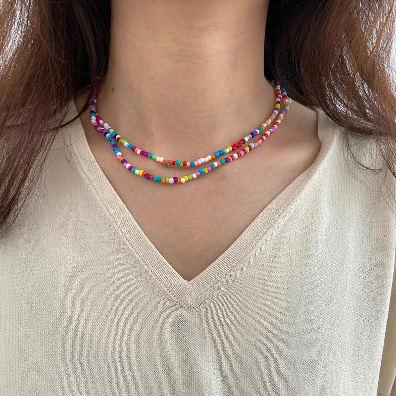 Chokers Double Colorful Seed Beads Necklace For Women Boho Simple Long Beaded Chain Choker Women's Fashion Wild Charm Collar Jewelry Set-image-721287412