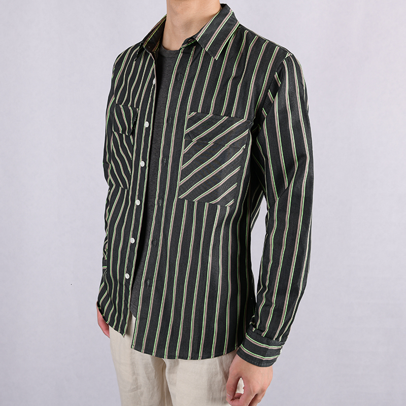 

2021 New Cotton Striped Long Sleeve Shirt Fashion Brand for Casual Trendy Handsome Men Shirts Camiseta Overhemd B9dc, Green stripe