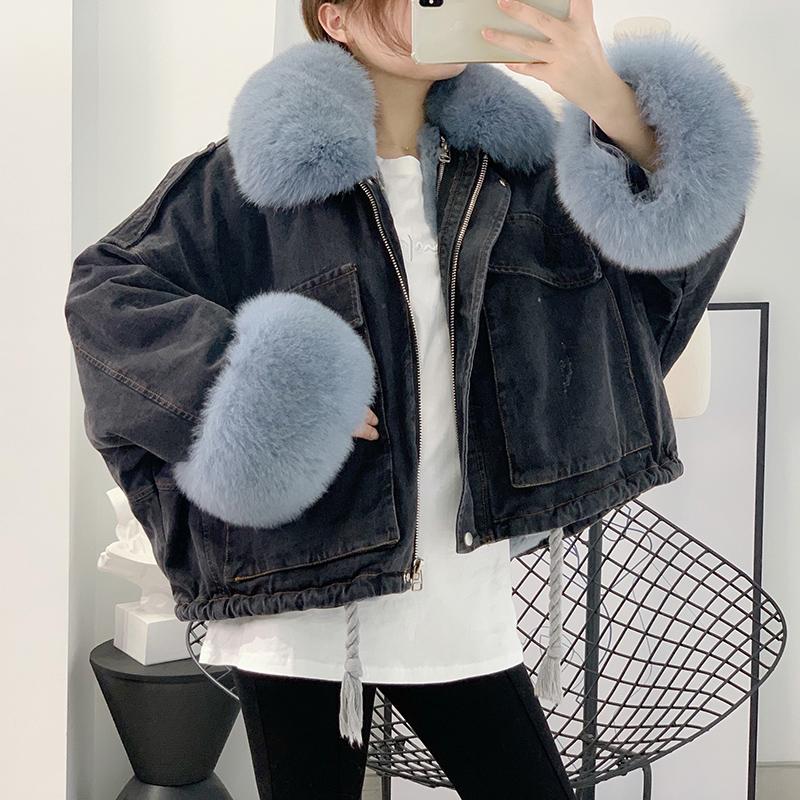 

2021 winter jakcet women parka real fur collar Rex Fur liner denim jacket plus size short coat vintage korean fashion, Blue coat blue fur