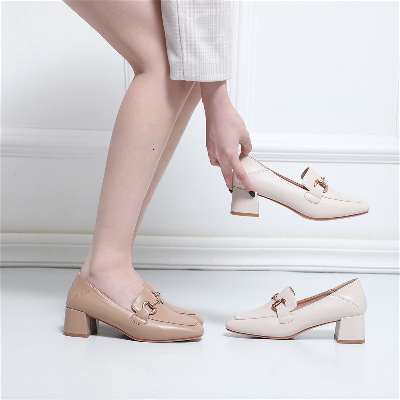 

New Spring 2021 Female Moccasins Casual Square Foot Toe Shoes Fashion Mid Chunky Heel Ladies Party Elegance Slip-ons 8u1r
