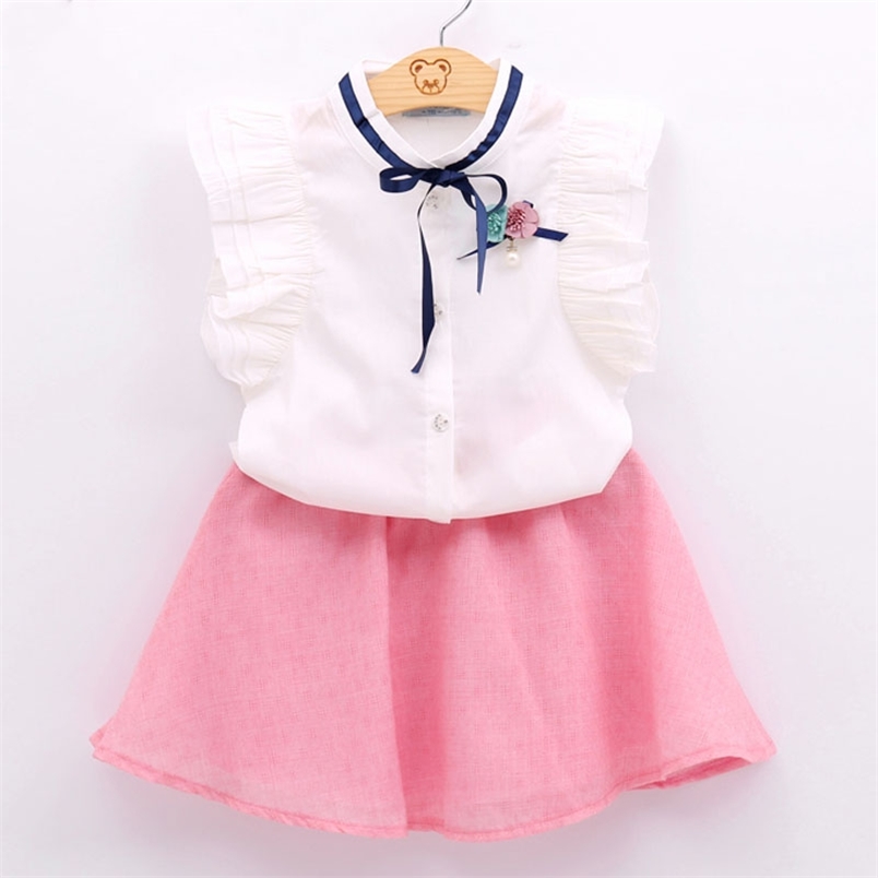 

Summer Girls Clothes Set sleeveless Flowers T shirt + Skirt 2Pcs Suit Kids 210611, Bz119 pink