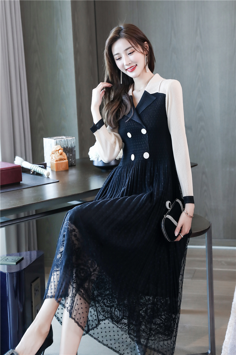 

New Spring 2021 Women Fashion Pleated French Lace Notched Blazer High Quality Button Korean Style Clothes Gy0i, Navy blue
