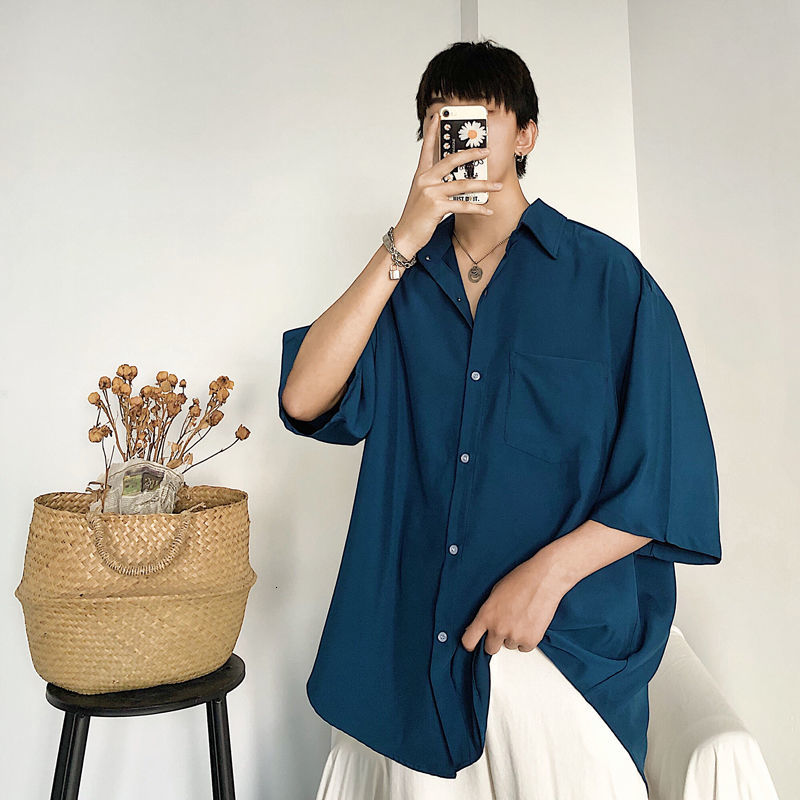 

2021 New Summer Men's Silk Slippery Loose Hawaiian Shirt Short-sleeved Camisa Masculina French Cuff Mens Clothes Fashion Shirts S- Lilr, Green and blue