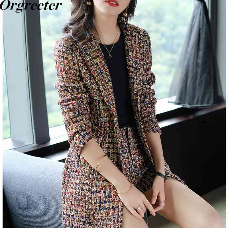 

Elegant Ladies Colorful Crochet Tweed Shorts Suits Women Fall Winter Fashion Two piece Long Sleeve Jacket and Set 210525, Picture color