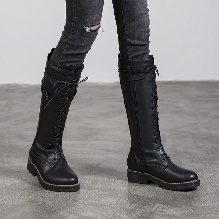

Boots Big Size 10 11 12 Women Woman Winter Shoes Botas Side Zip Belt Buckle Cross Strap, Black