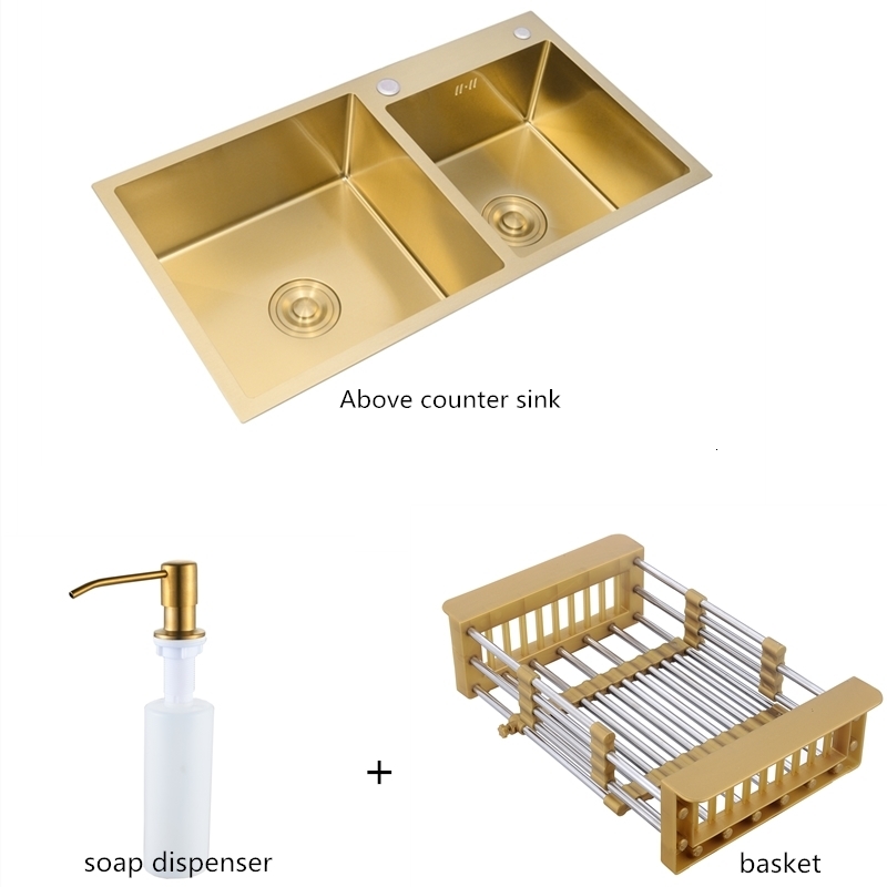 

2021 New All Gold Stainless Steel Sink Hand-rolled Four-millimeter Double Bowl with Drains Above the Counter Nano-coating Kitchen Sinks Recz