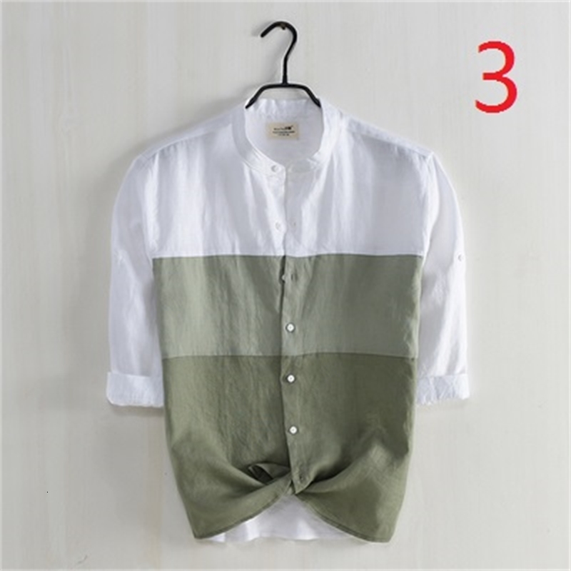 

2021 New Color Matching Small Stand Collar Linen Men's Fresh Literary Round Neck Loose Casual Cotton Cropped Sleeves Shirt V8pc