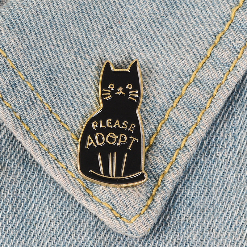 

Black Enamel Cat Brooches Button Pins for clothes bag Please Adopt The Badge Of Cartoon Animal Jewelry Gift for friends C3