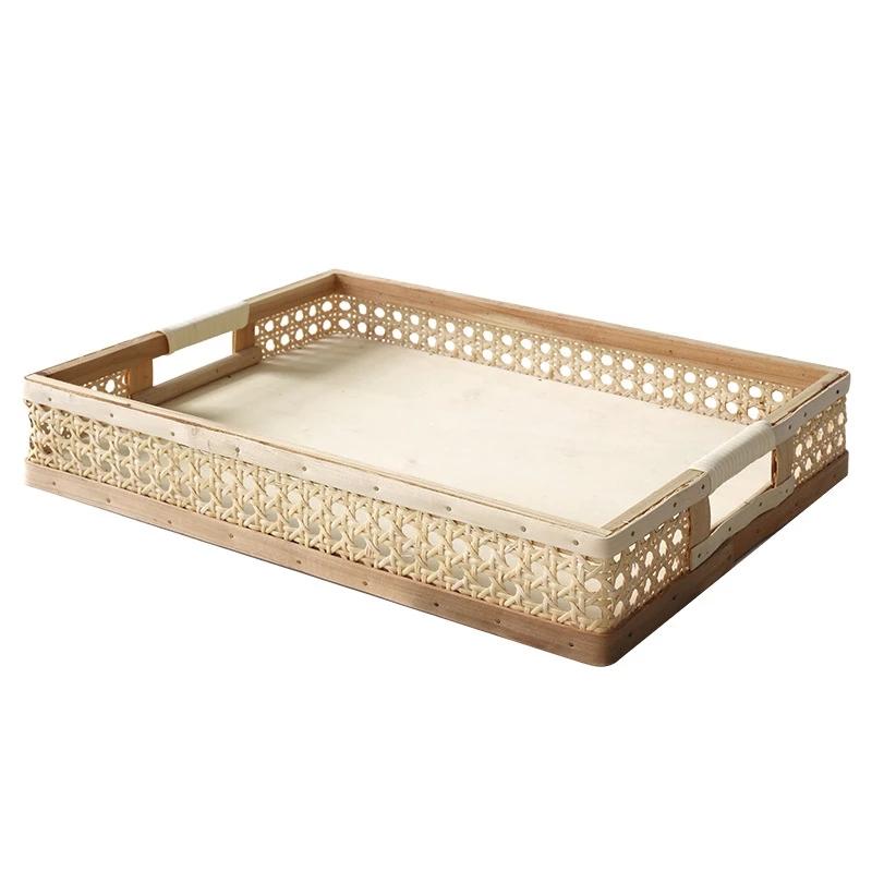 

Rattan Basket Rectangle Handle Storage Trays Home Table Decoration for Coffee//Juice/Sundries Kitchen Accessory