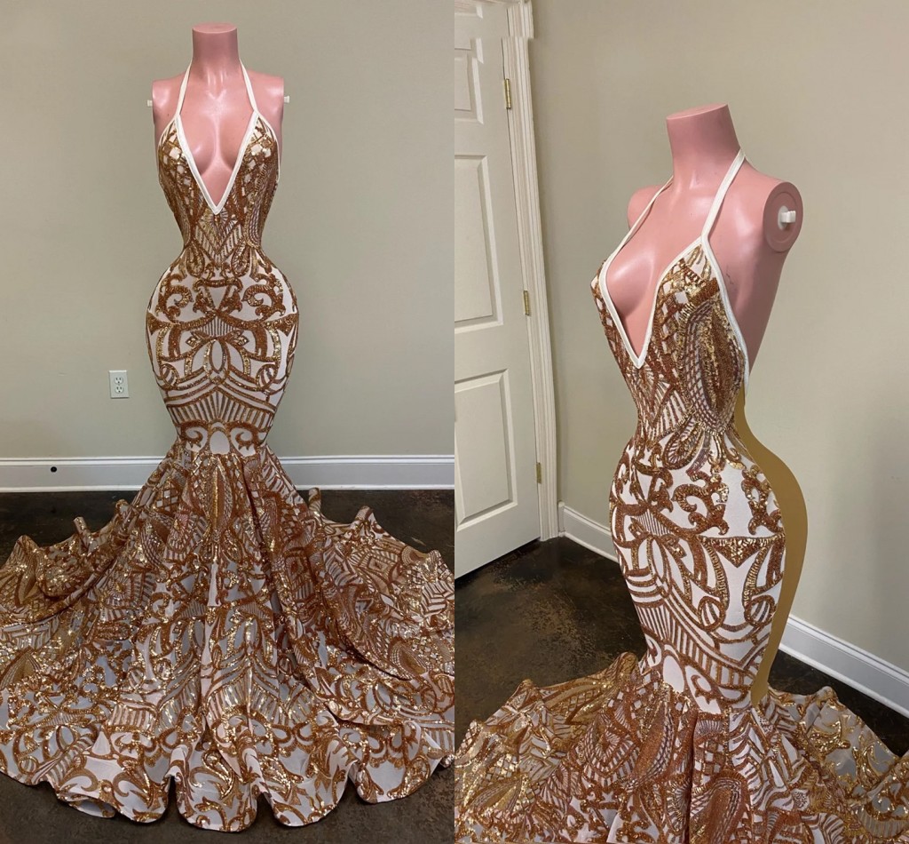 

Sexy Long Mermaid evening Dresses 2022 Halter Sleeveless Gold Sequin African Black Girls Backless Prom Party Gowns vestido longo dourado, Same as picture