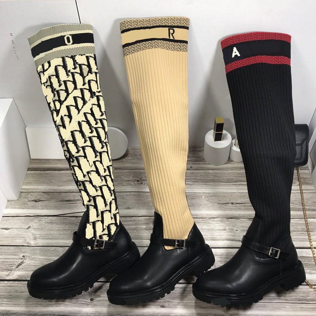 

2021 Designer Women Knee Boots Letter Embroidery Shoes Genuine Leather Alphabet Printing Boot Round Toes Shoe Wild Winter Fashion Thigh-High Booties Box 35-40